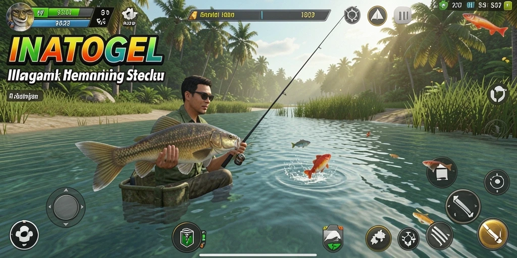 Screenshot utama INATOGEL menunjukkan keseruan memancing di lautan yang indah.