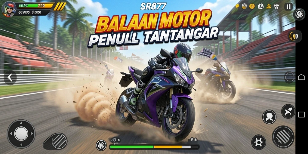 Tampilan gameplay seru dalam SR877 dengan berbagai trek balap motor.